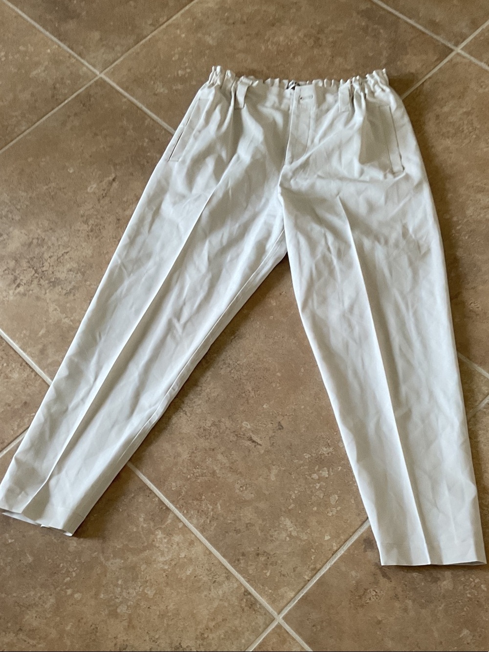 ISSEY MIYAKE cream pants, diamond print can be see closeup, elastic waist